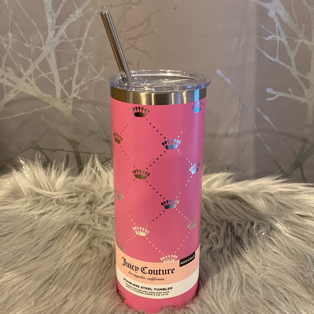 BNWT JUICY COUTURE Pink Silver Crown Logo 24 OZ Stainless Steel Tumbler